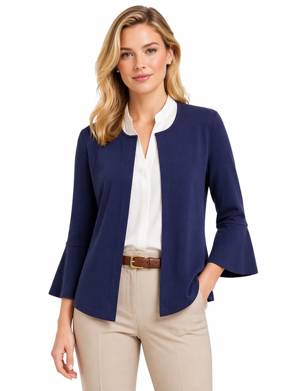 J.McLaughlin Navy Bell Sleeve Open Cardigan Preppy Classic Chic M